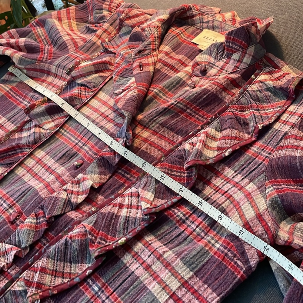 PRETTY IN PLAID 💋💋💋 Sezane ruffle front pink shirt NWOT 36 💕 - Picture 5 of 7